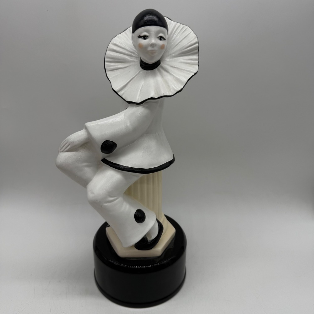 Pierrot Clown Music Box White Black Ceramic Mime Figurine Vintage Works